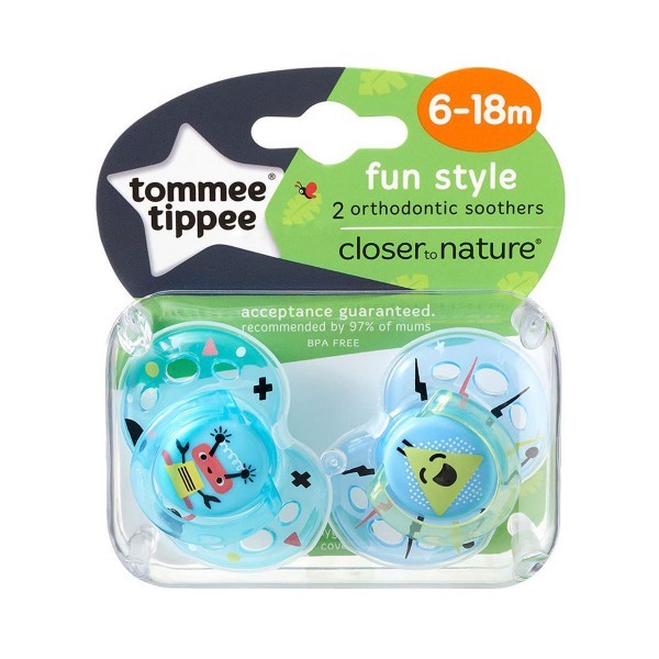 Tommee Tippee Closer To Nature Fun Style Orthodontic Soothers 2 Pack 6-18 Months